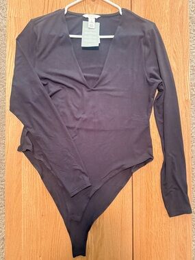 H&M Black Deep V Neck Long Sleeve Bodysuit XL Stretch Minimalist NWT